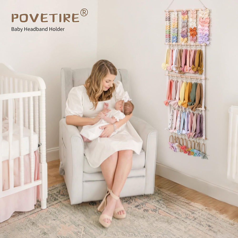 POVETIRE baby headbands organizer wall-hanging demonstrates easy storage for hair accessories.
