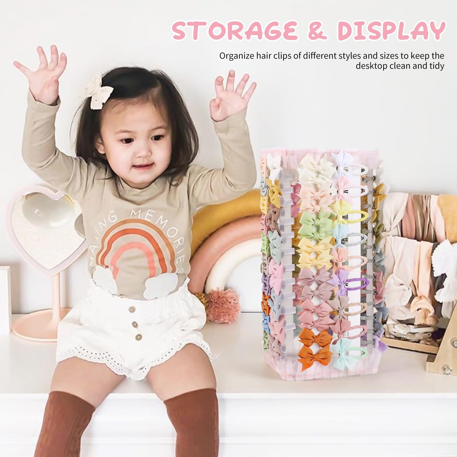 POVETIRE Nursery decor with bow storage adds charming, tidy display.