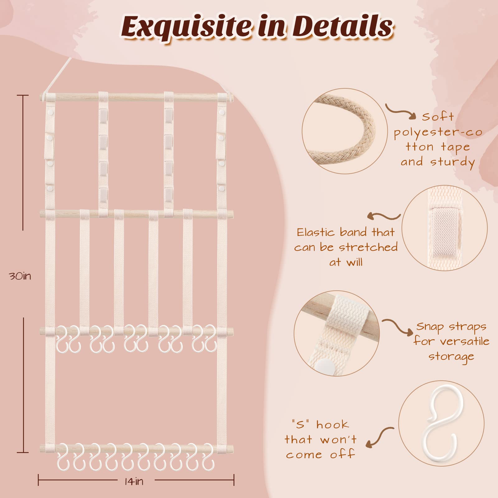 POVETIRE hair accessories display with beech wood rod demonstrates sturdy, durable storage.
