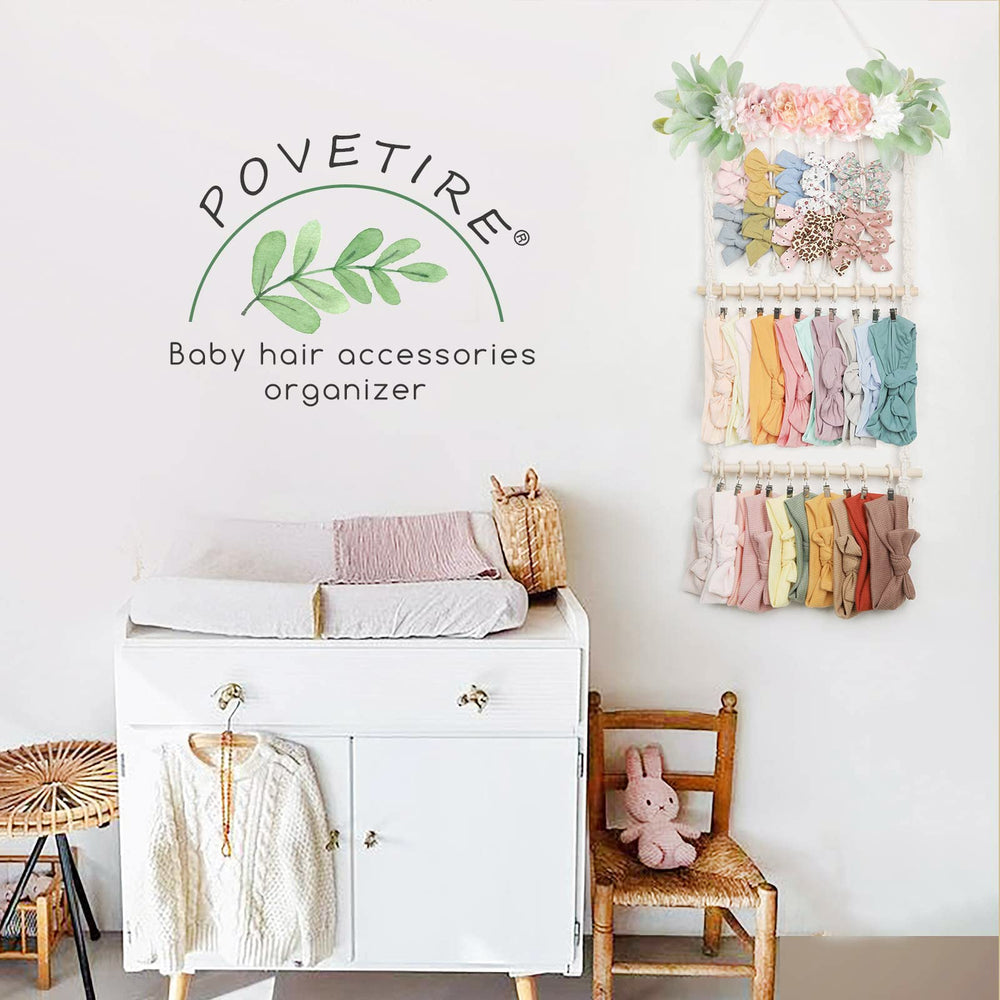 POVETIRE hair accessories organizer detail highlights twelve twine sections and twenty hooks for storage.