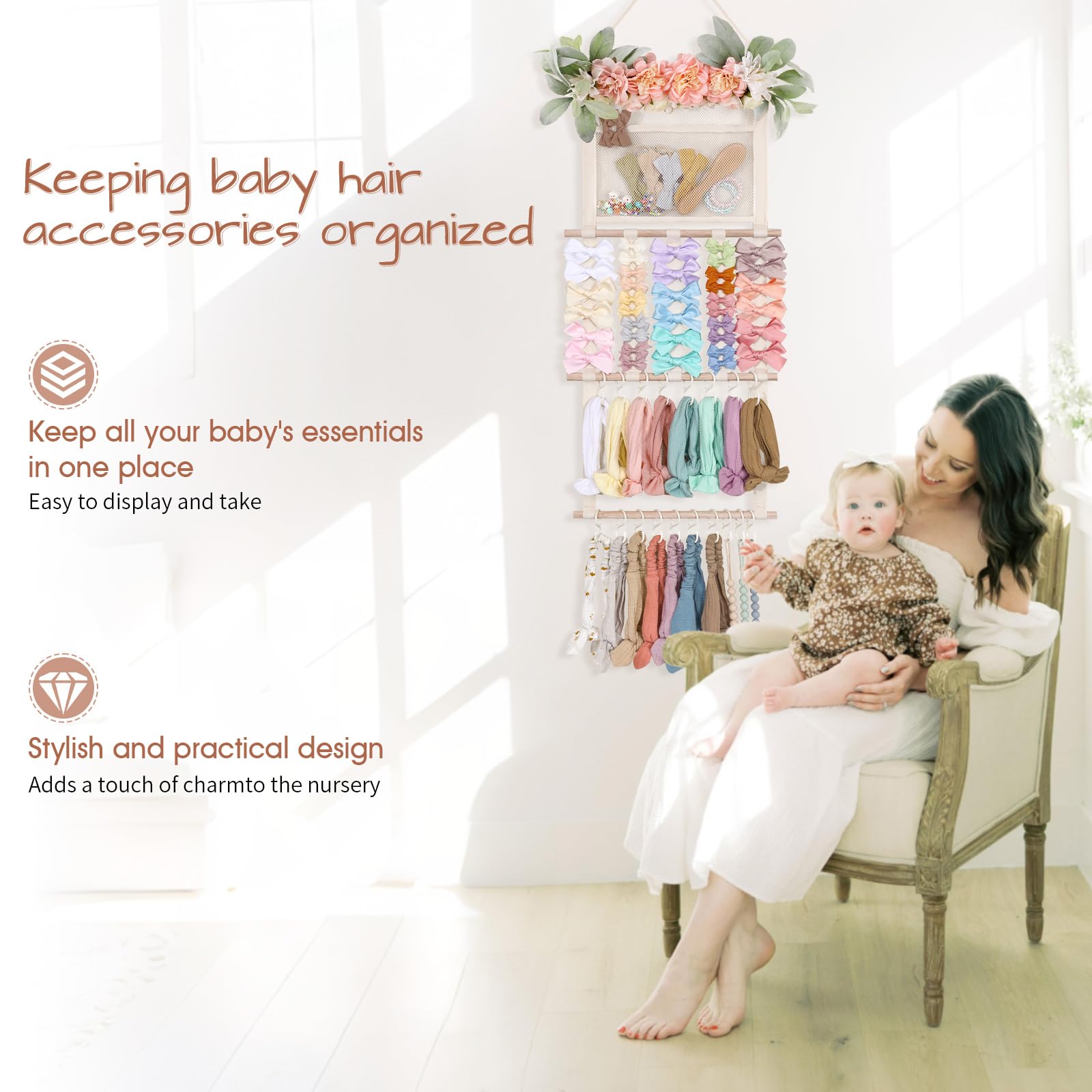 POVETIRE hair accessory organizer with four webbing strips and twenty hooks for easy access