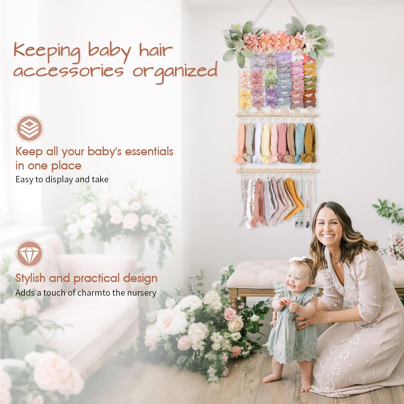 POVETIRE hair bow display rack adds decor while storing accessories.