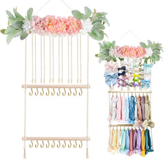 POVETIRE headband holder with floral leaves displaying organized bows and headbands