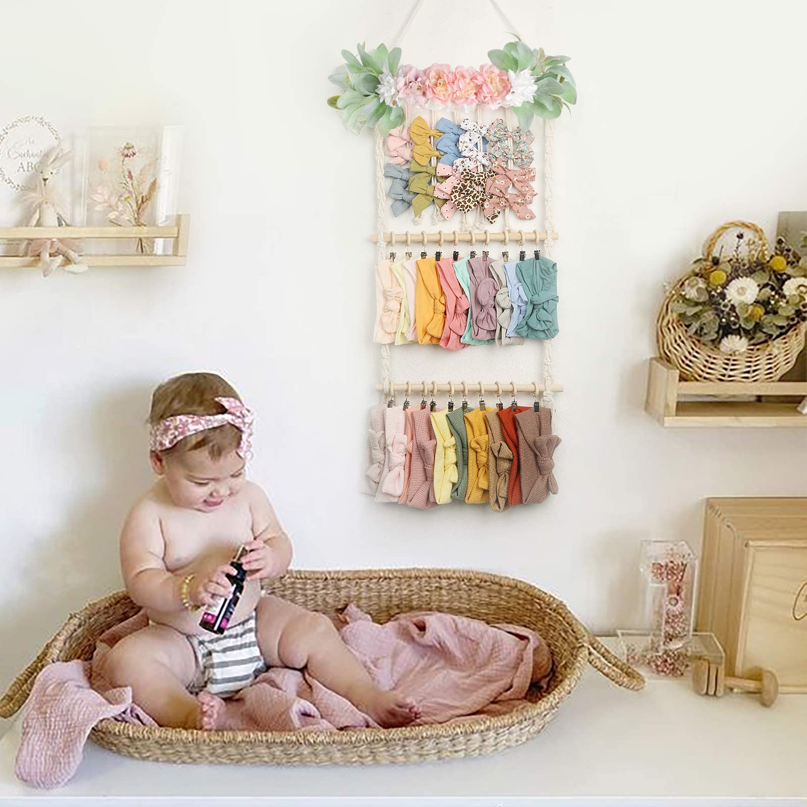 POVETIRE headband holder lanyard display showcases versatile hanging options for nursery walls.