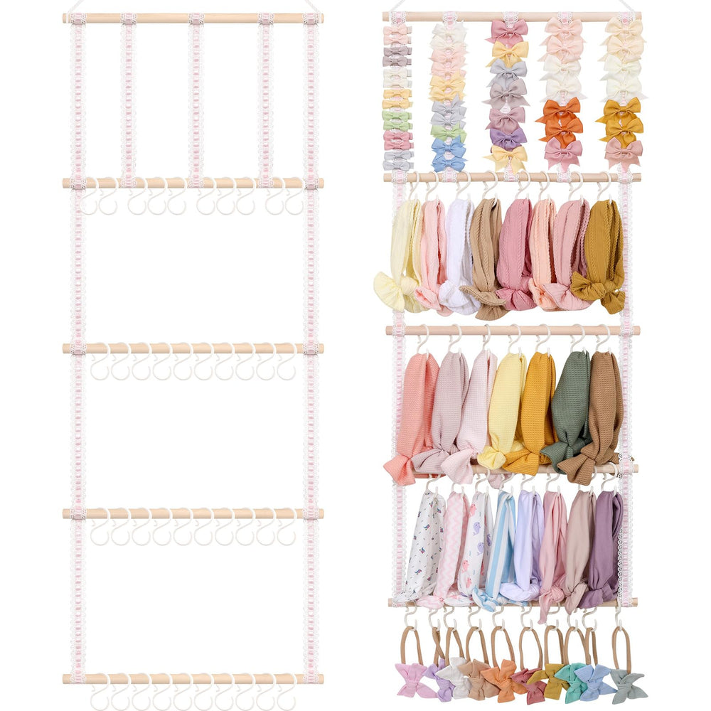 POVETIRE headband holder pink ribbon four-tier display keeps bows neatly organized.