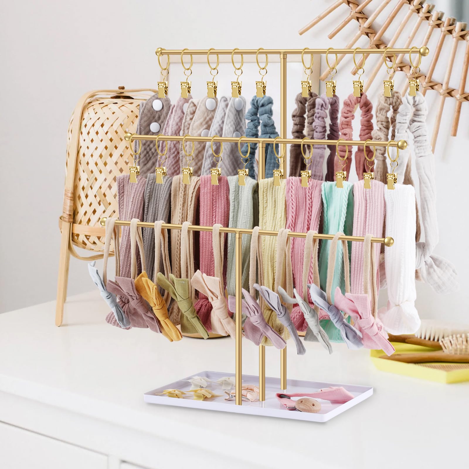 POVETIRE headband holder base storage highlights organization of small accessories like hair ties.