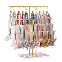 POVETIRE headband holder stand side view showing organized headbands for quick daily styling.