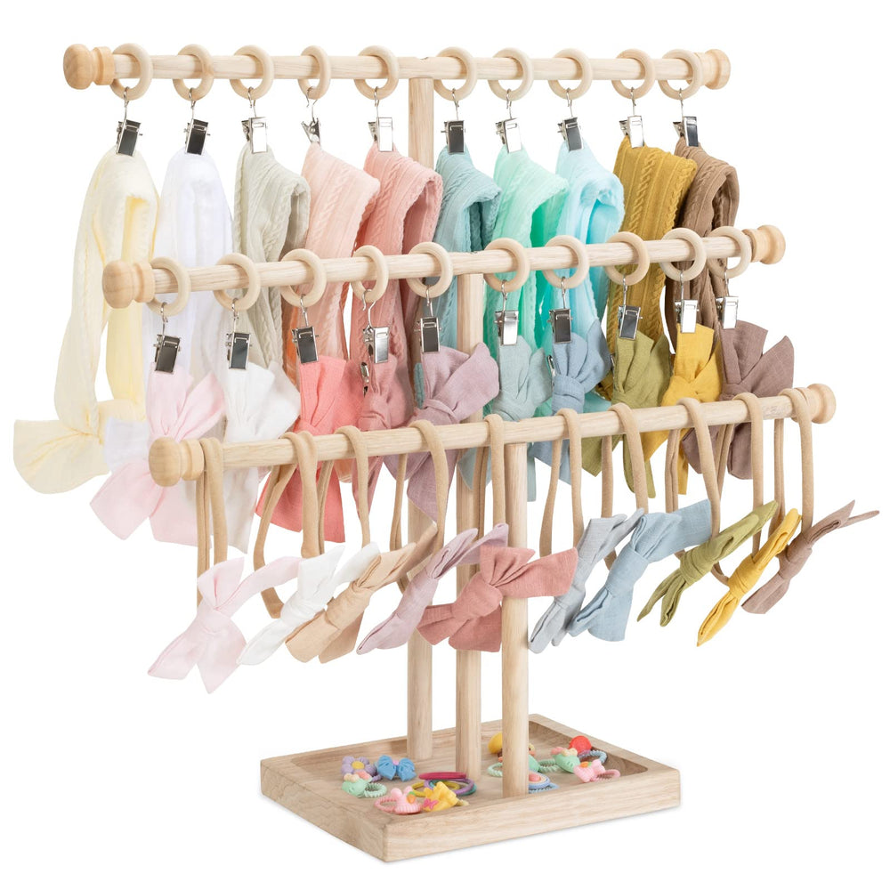 POVETIRE headband holder stand in natural beech wood displays organized baby bows