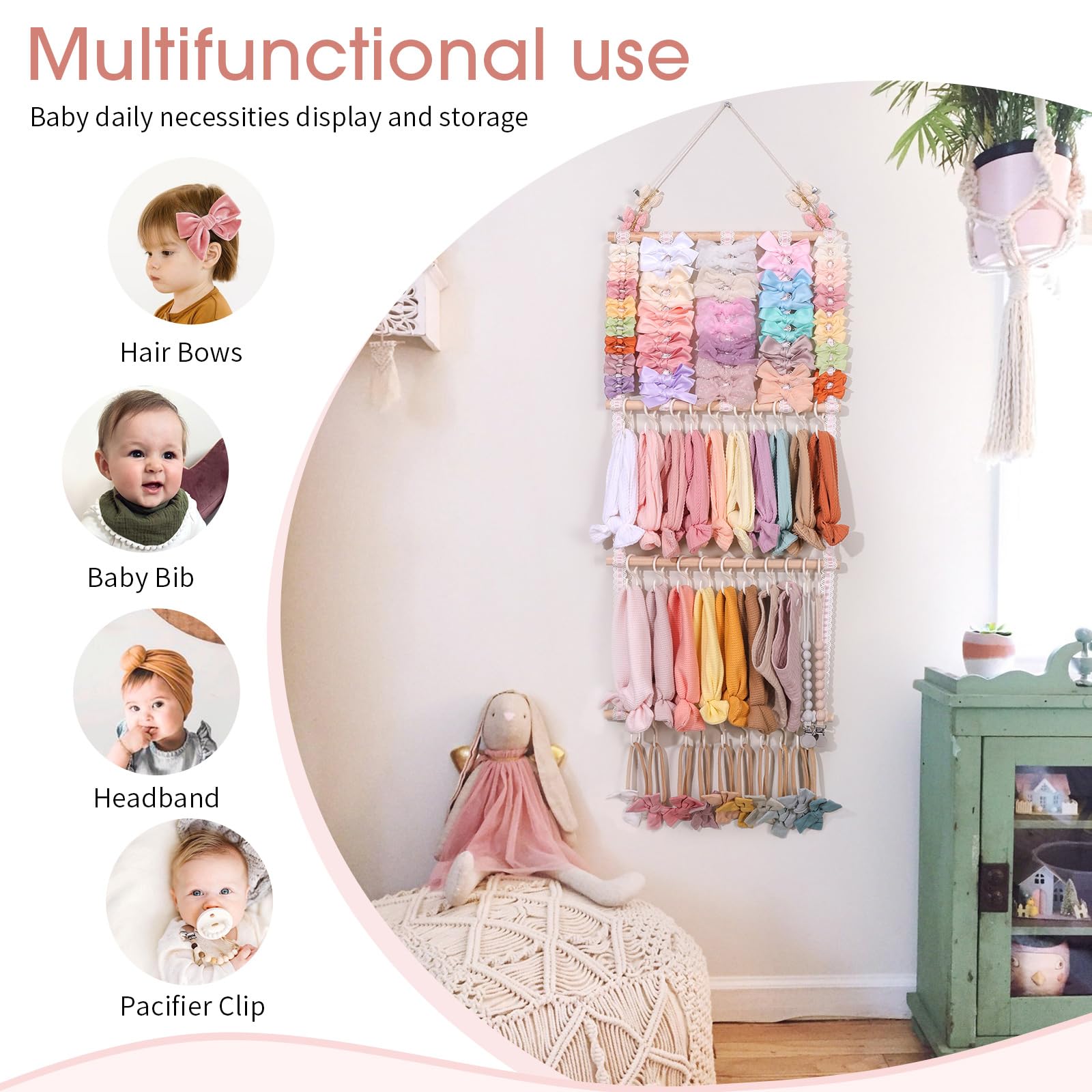 POVETIRE headband holder wall-mount setup demonstrates space-saving decor for nursery or kids' room.