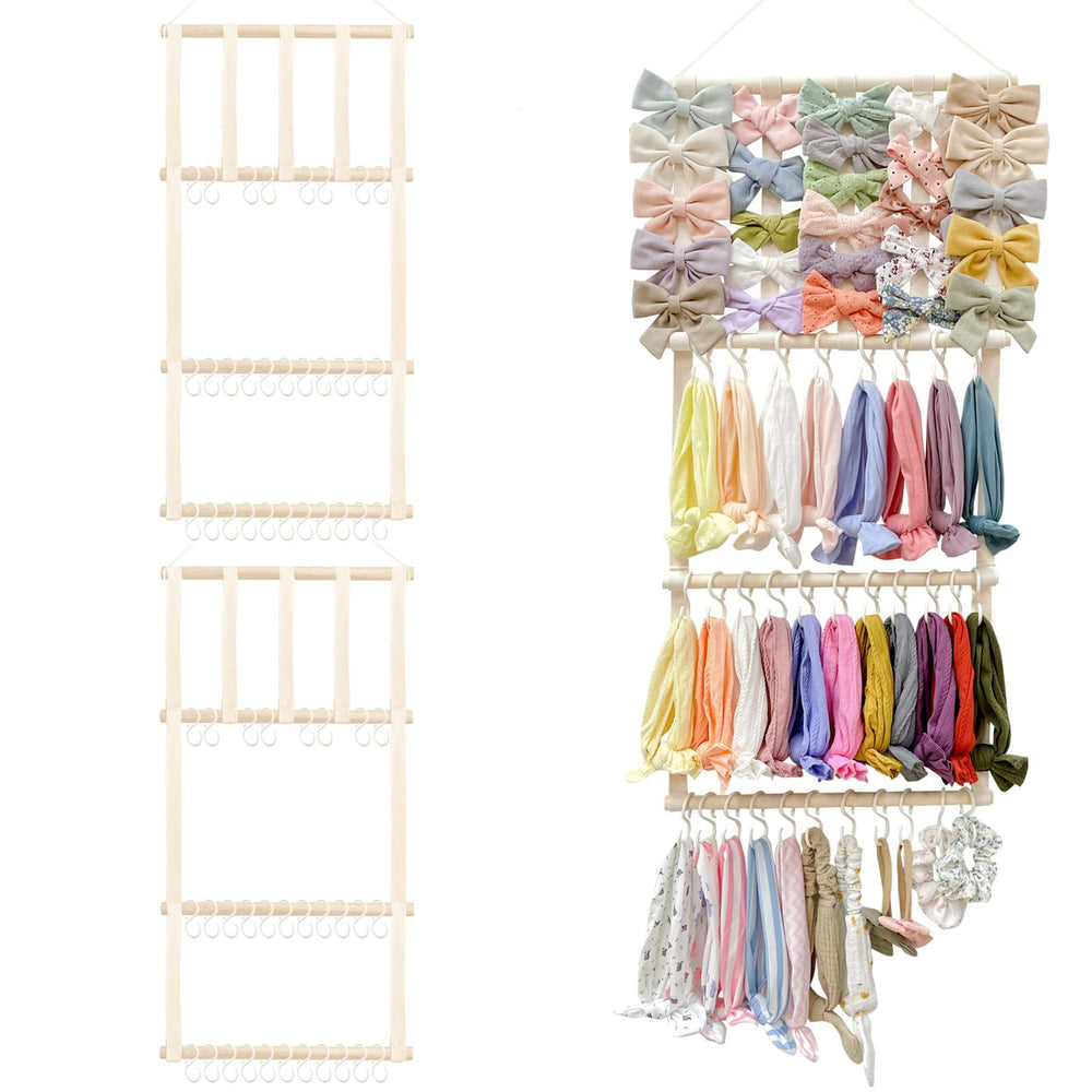 POVETIRE headband holder mounted on wall with organized bows for quick access