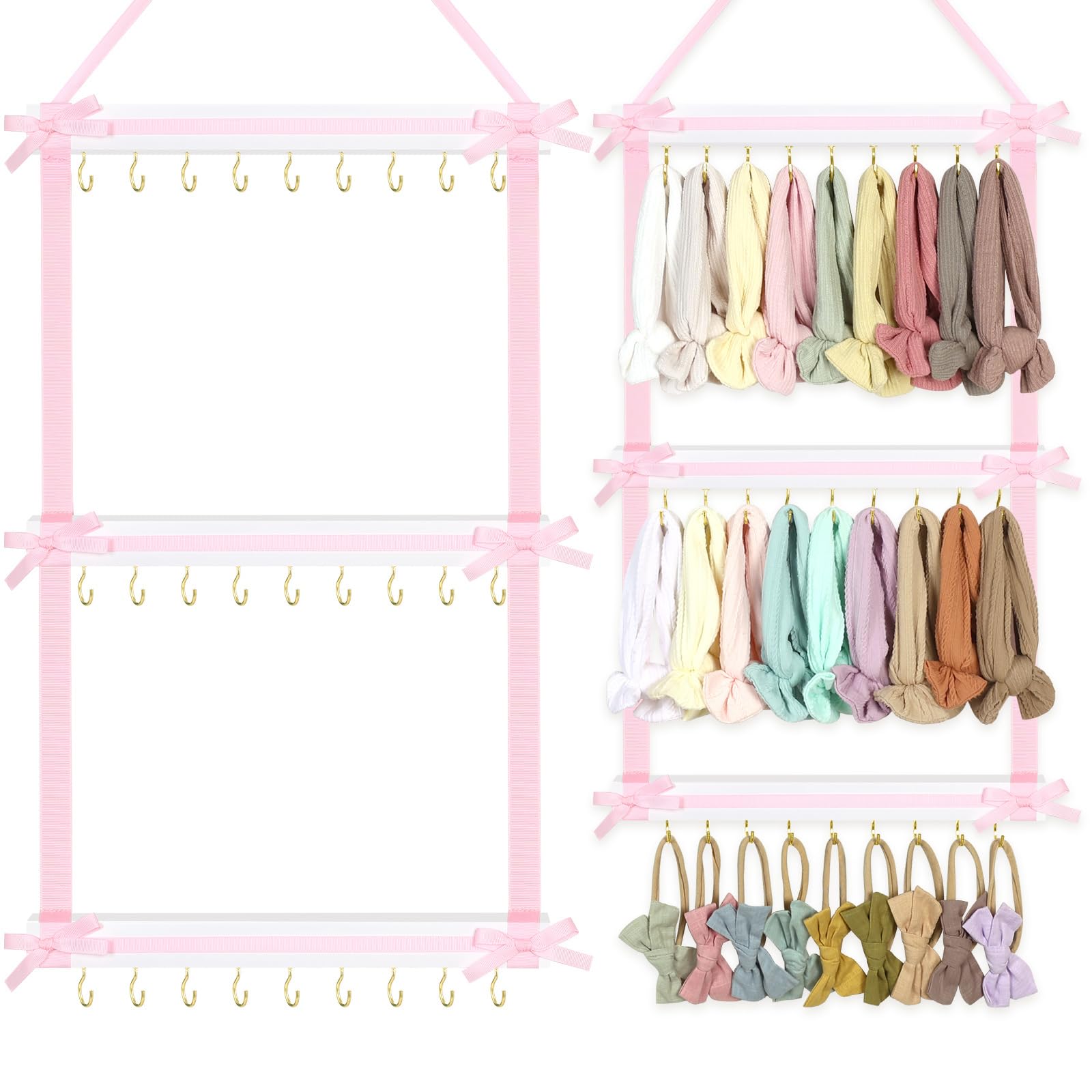POVETIRE headband holder in white wood with pink bow keeps headbands neatly organized for quick access