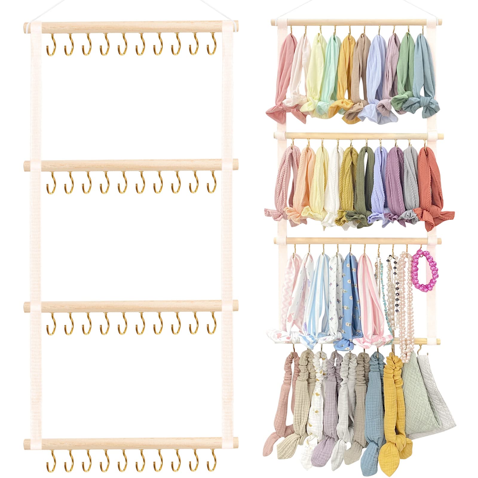 POVETIRE headband organizer mounted on wall demonstrates 80-headband capacity