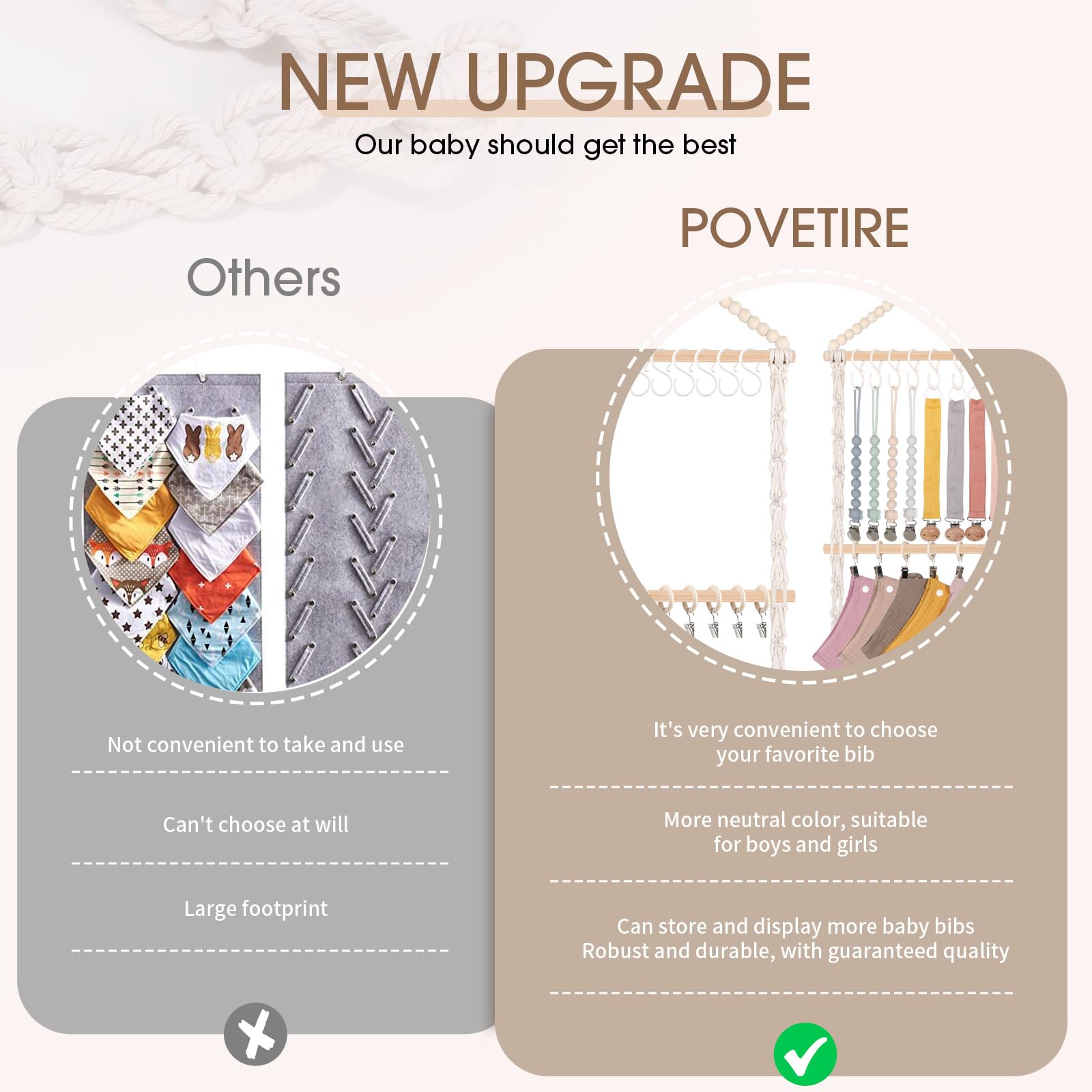 POVETIRE neutral-baby-bibs-holder-beige-design blends with any nursery