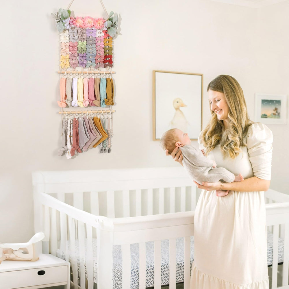 POVETIRE nursery room decor organizer keeps hair accessories within reach.