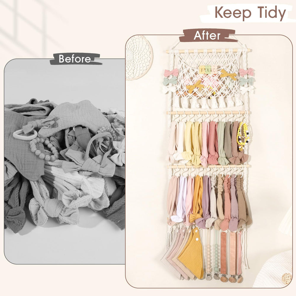 POVETIRE wall-hanging storage saves desk space and protects bows.