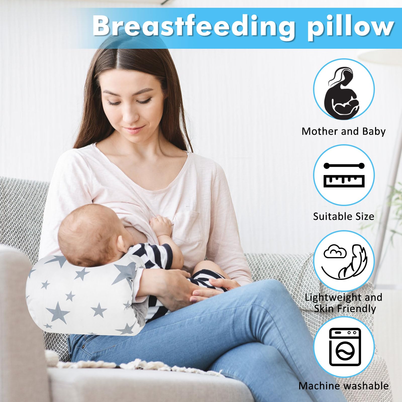 Povkufii nursing arm pillow baby-feeding-position closeup demonstrates ergonomic support.