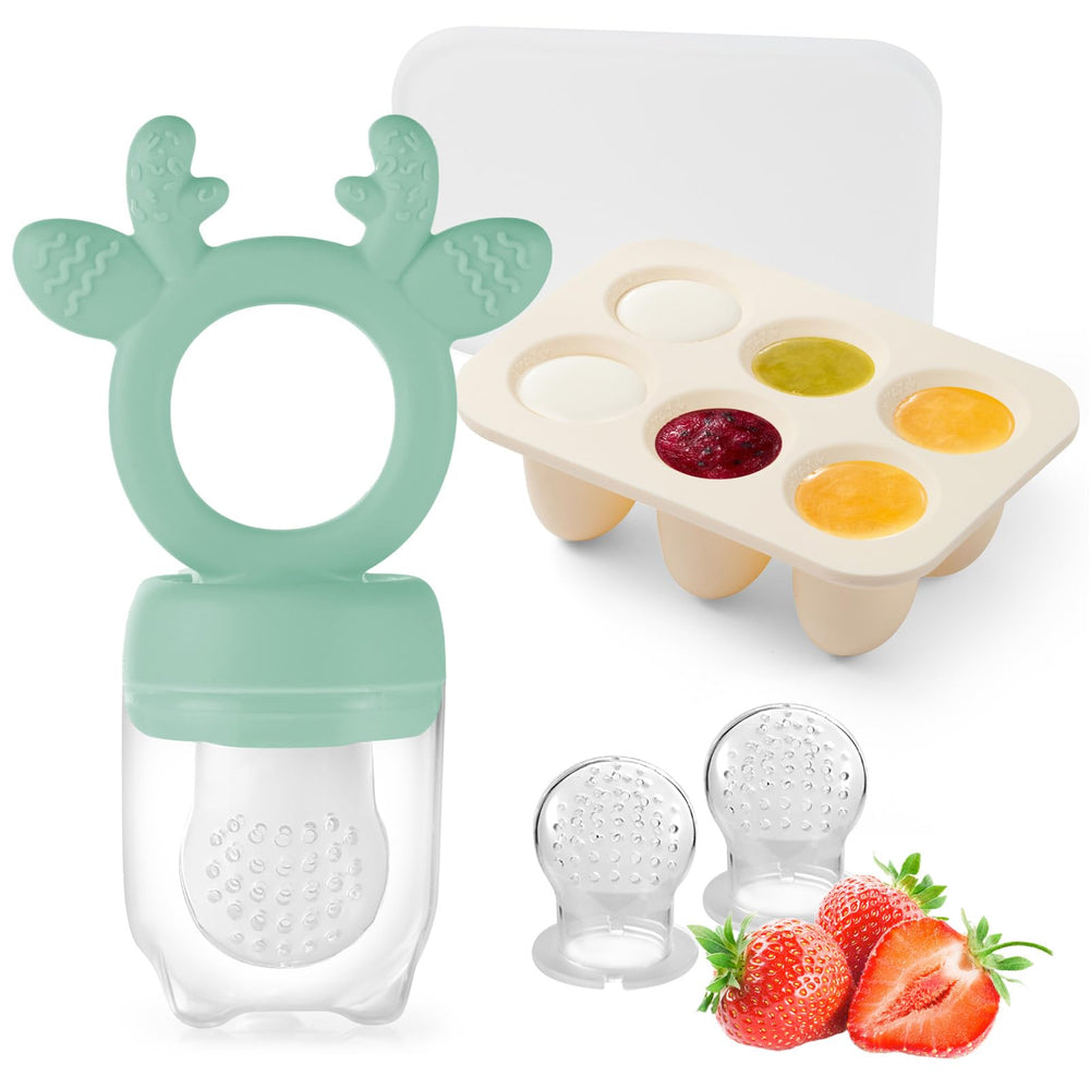Powerwan baby feeder with popsicle mold close-up, showcasing safe fruit feeding and teething relief.