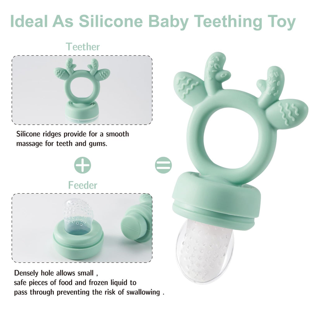Powerwan silicone teether and baby feeder in use, soothing gums during teething.