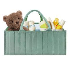 POXXU diaper caddy basket keeps diapers and wipes within easy reach on the changing table.