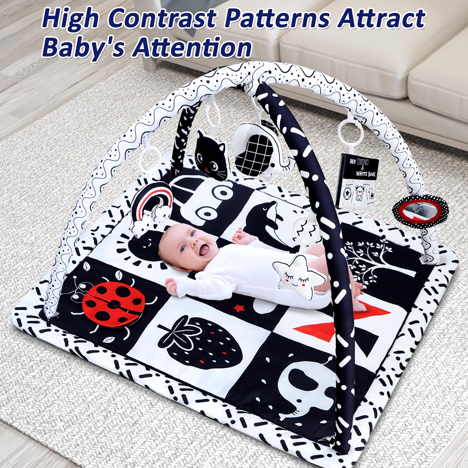 Poycuna black and white gym with detachable toys supports tactile exploration.
