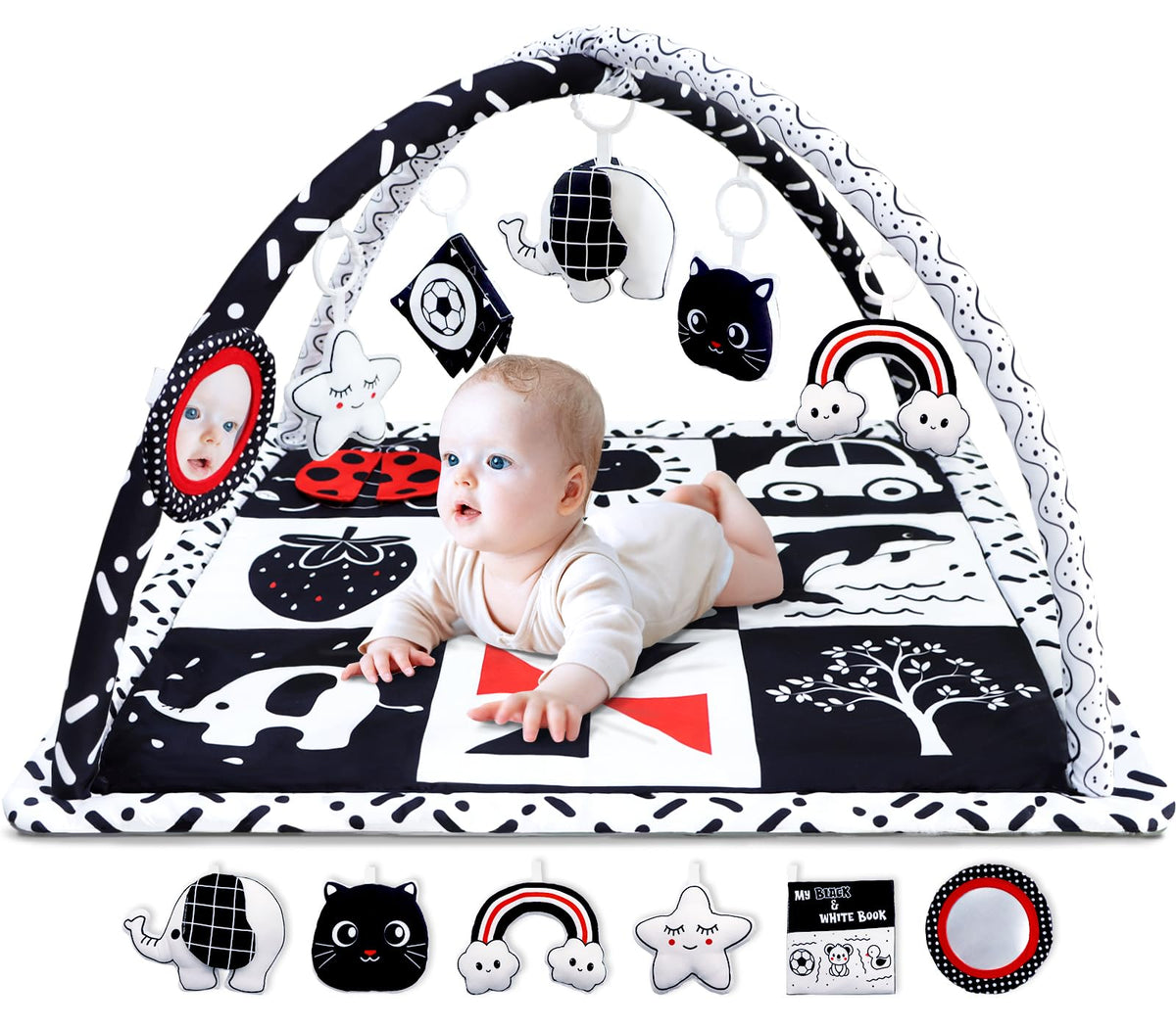 Poycuna black and white baby gym front view aids visual development with high-contrast design.