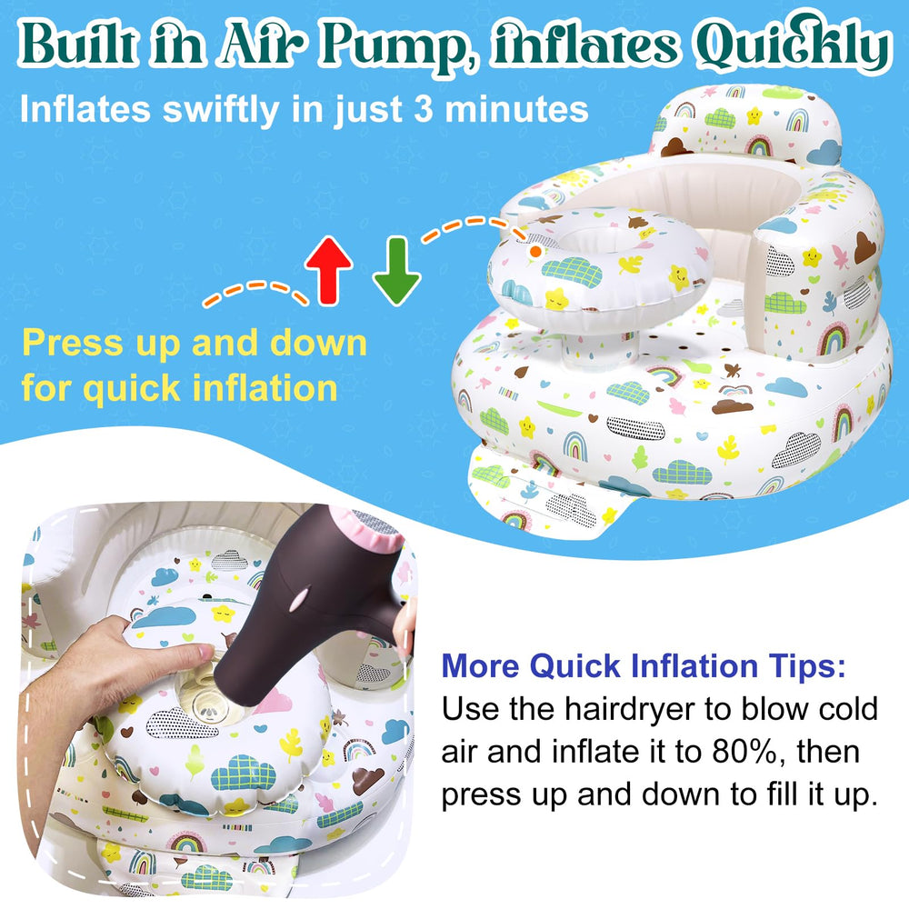 Poycuna inflatable baby seat being wiped clean for quick maintenance.