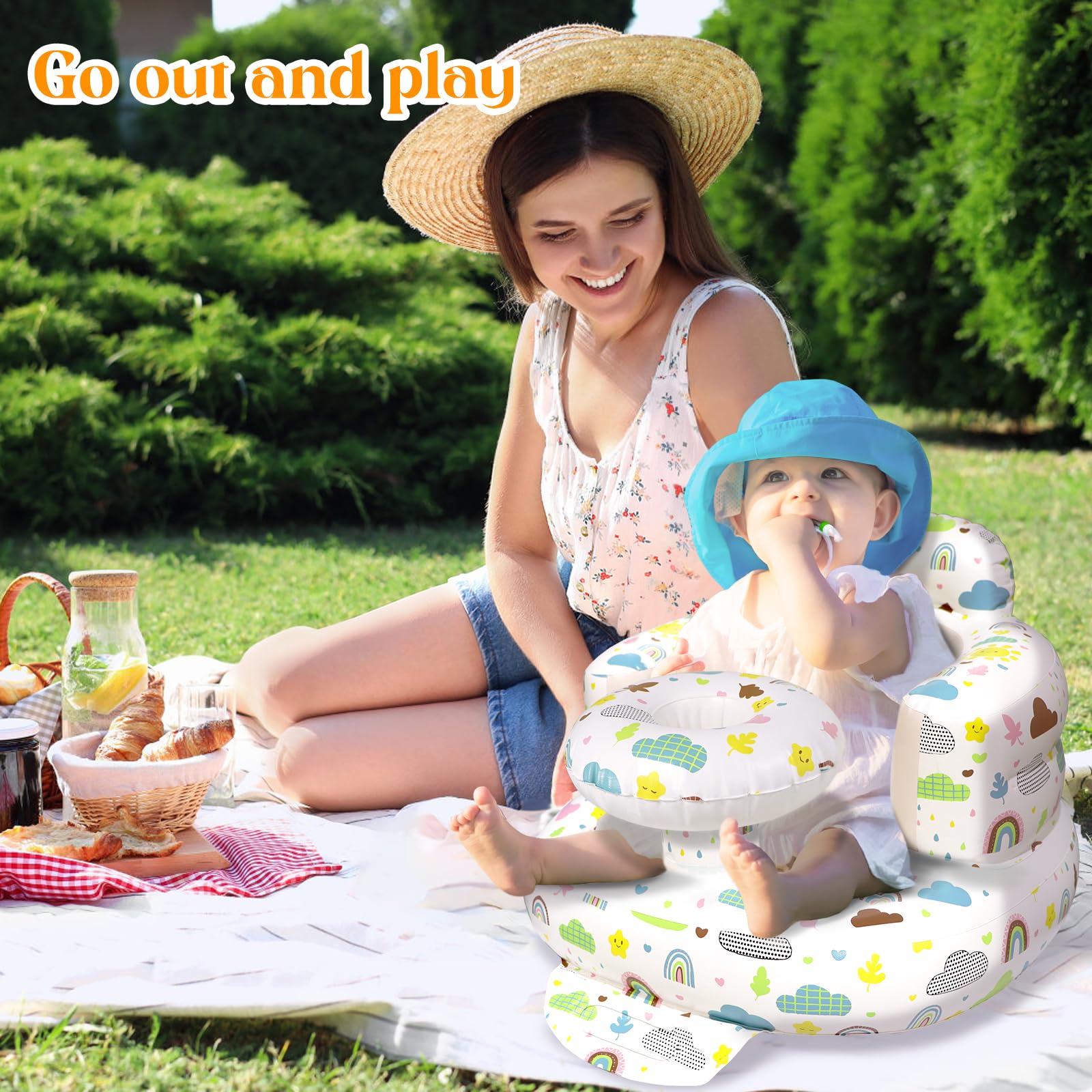Poycuna inflatable baby seat in use for feeding and play at home.