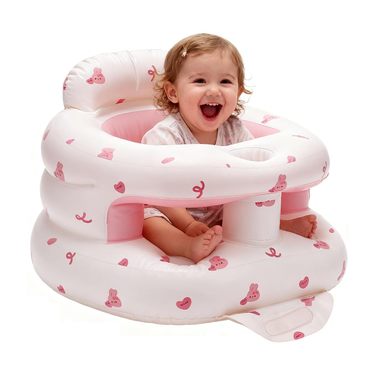 POZMTIORE inflatable baby seat pink bunny front view shows travel-friendly compact design.