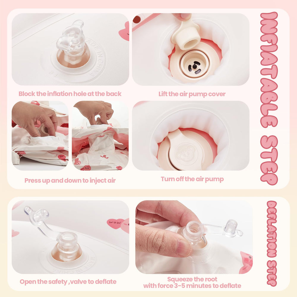 POZMTIORE inflatable baby seat pink bunny in use for feeding or story time.