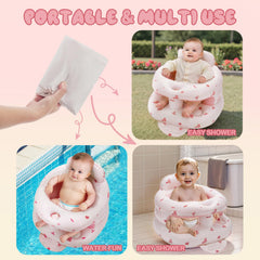 POZMTIORE inflatable baby seat pink bunny safety fence demonstrates tipping prevention.