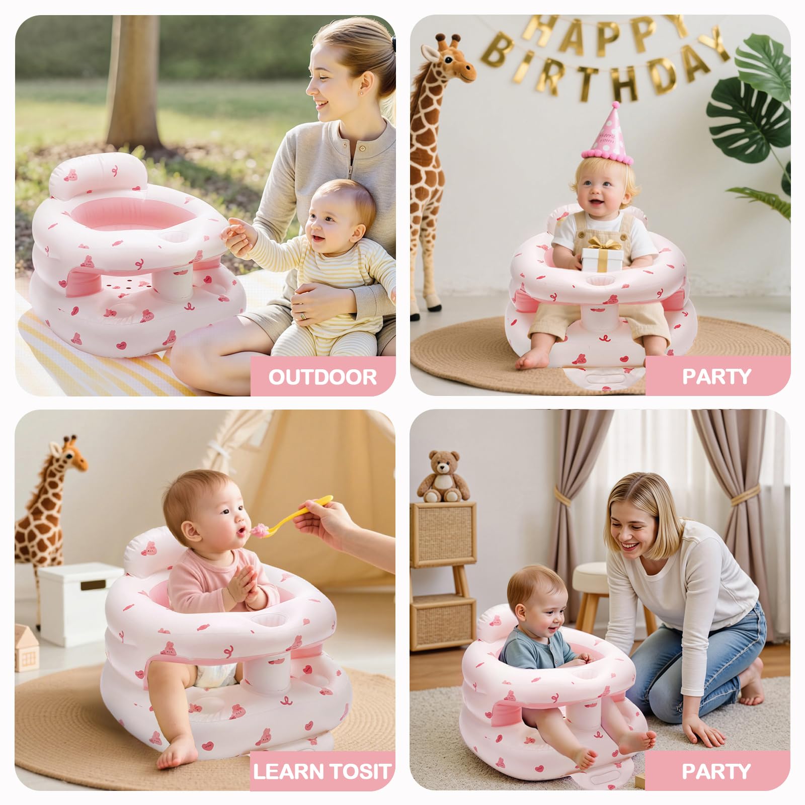 POZMTIORE inflatable baby seat pink bunny on travel or beach adventures.