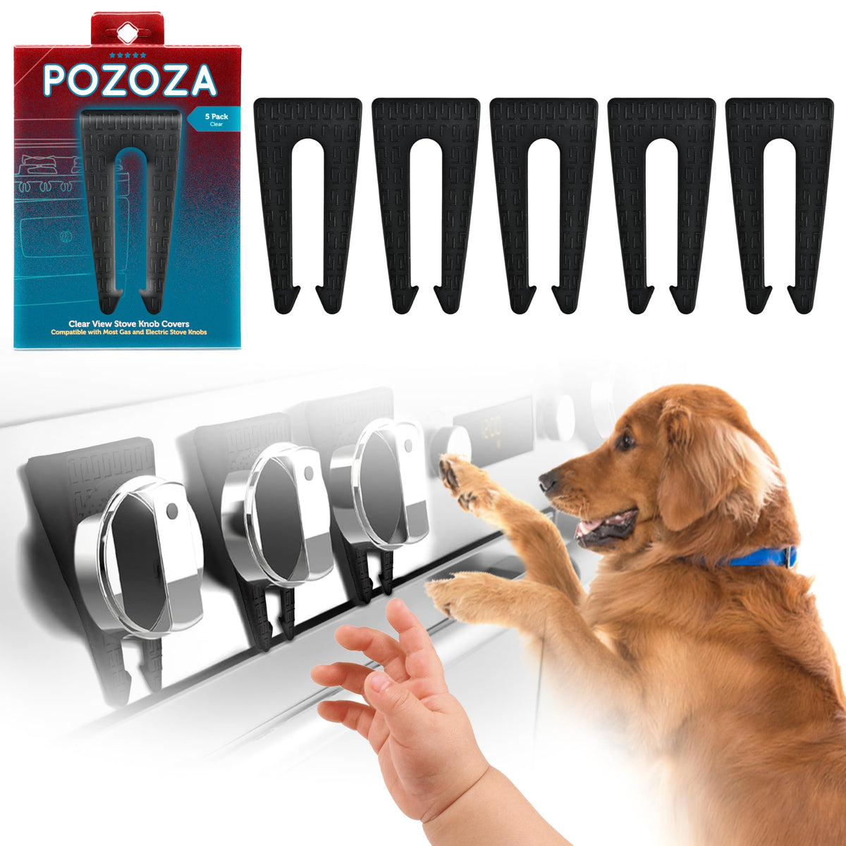 POZOZA stove knob locks close-up in flexible silicone for child safety and durability.