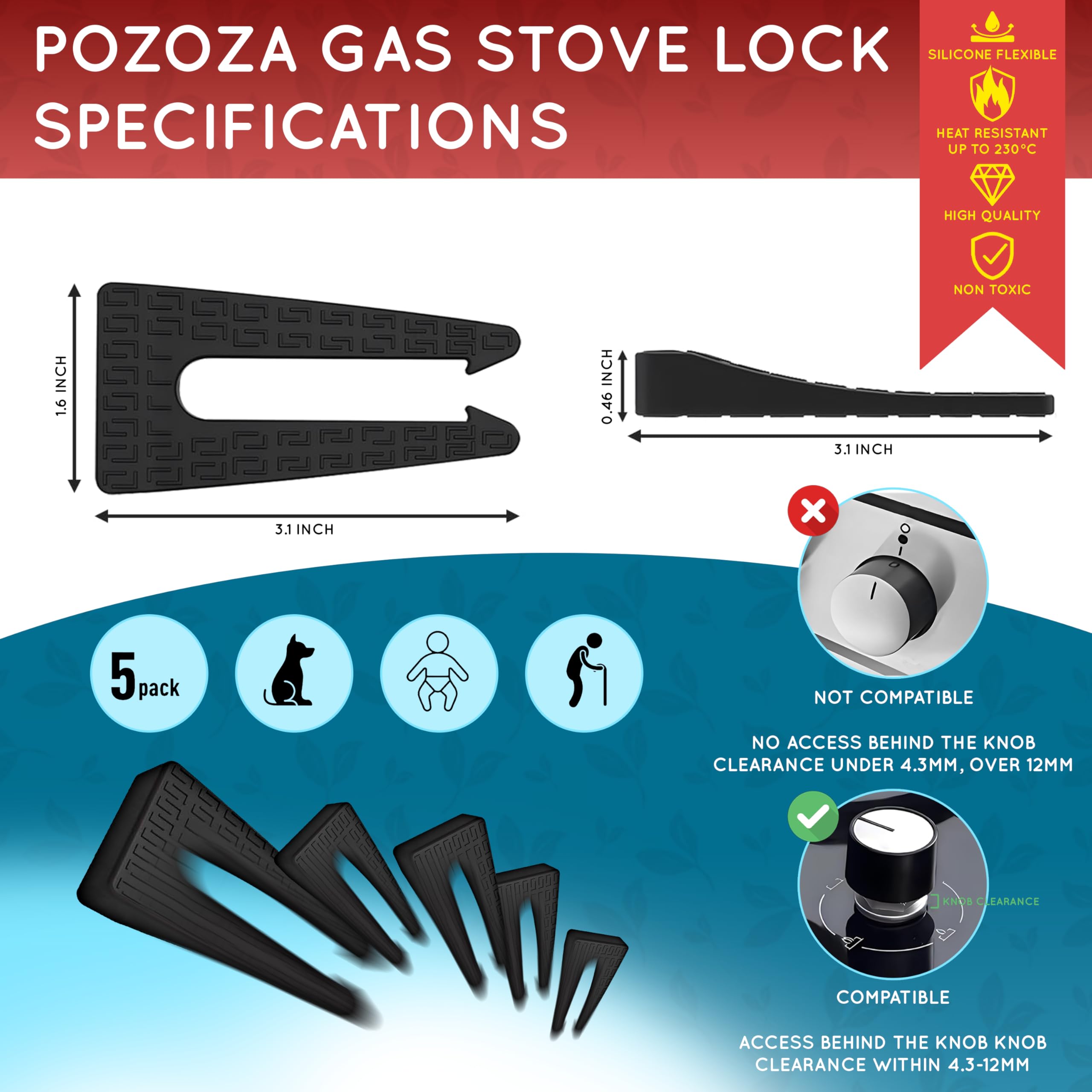 POZOZA stove knob locks demonstrate universal-fit design across knob gaps.
