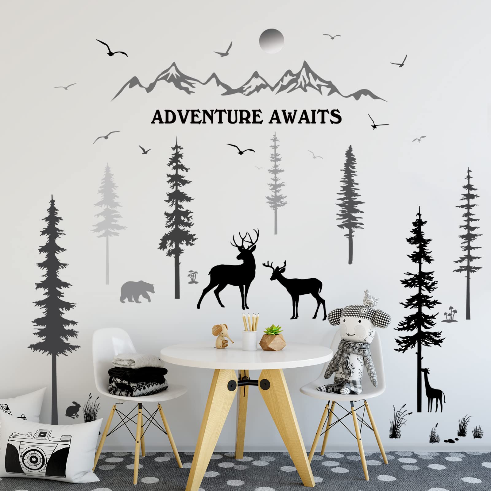 Prabahdak woodland deer wall decal creates a calming forest scene for kids' room decor.