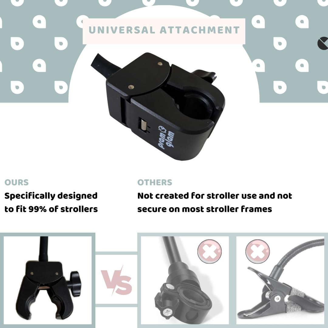 Pramglam Original Stroller Mirror secure-clip demonstrates quick, secure attachment