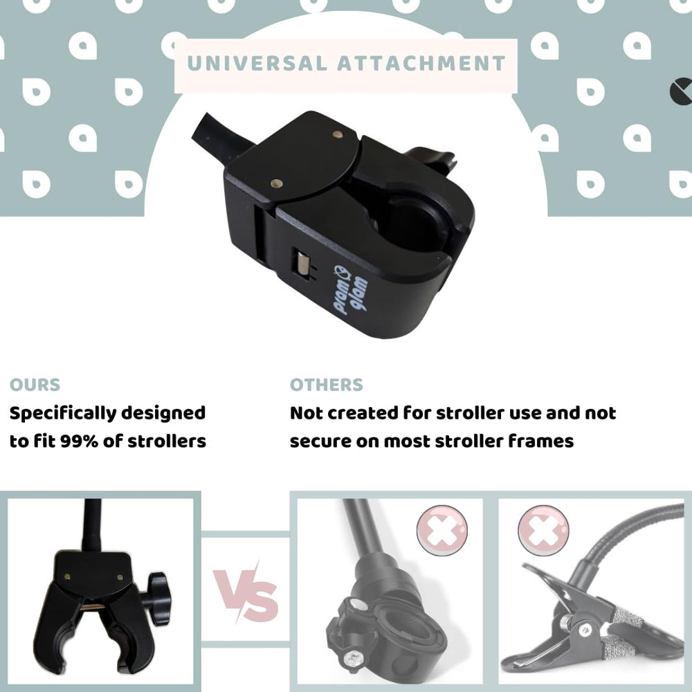 Pramglam Original Stroller Mirror secure-clip demonstrates quick, secure attachment