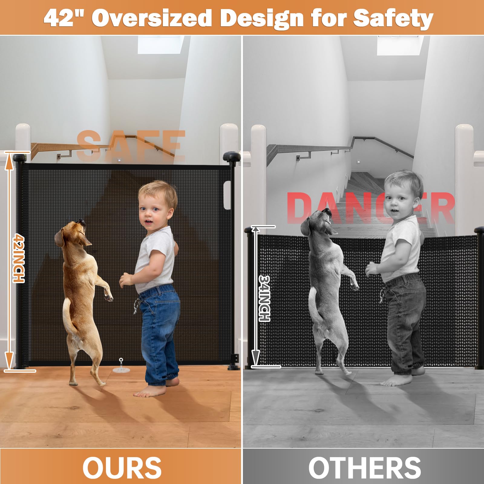 Pravoluxmax 55-inch wide mesh gate extended in doorway, versatile for doorways and hallways.