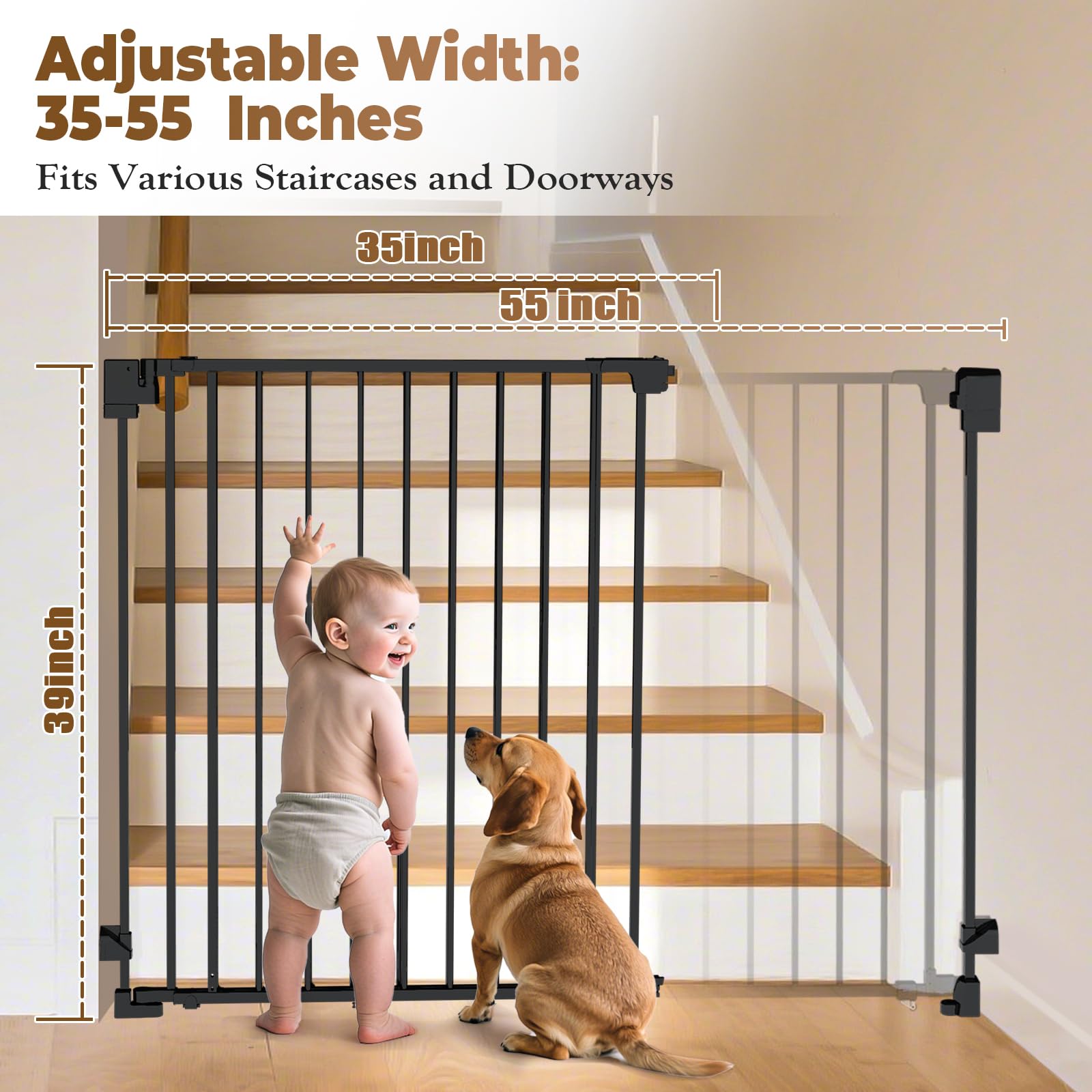Pravoluxmax adjustable-width gate fits 35 to 55 inches, ideal for stair and hallway entries.