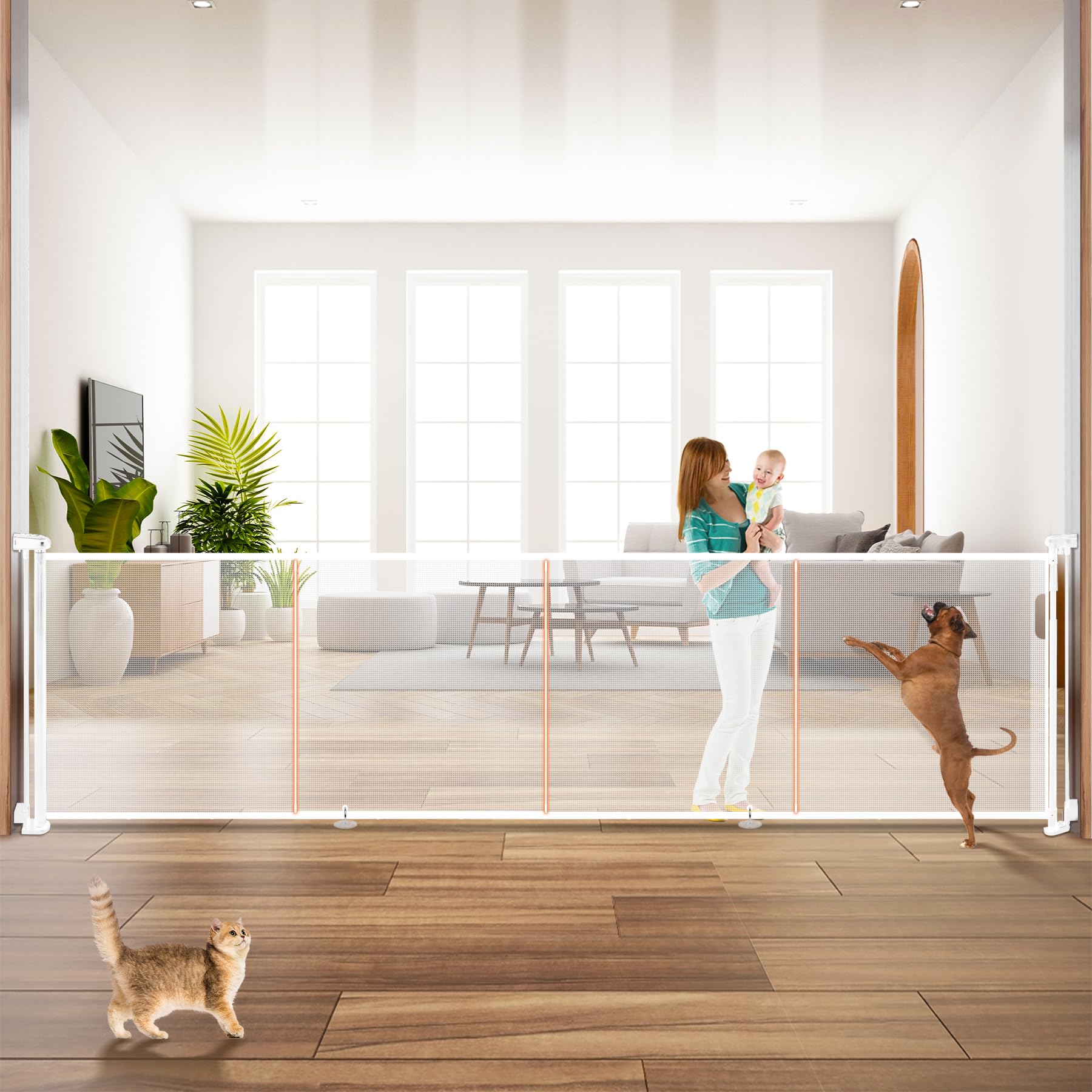 Pravoluxmax retractable gate extended-open enables wide-entry safety for homes with kids and pets.