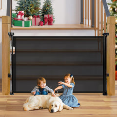 Pravoluxmax retractable baby gate on stairs provides a wide, secure barrier for stairs.