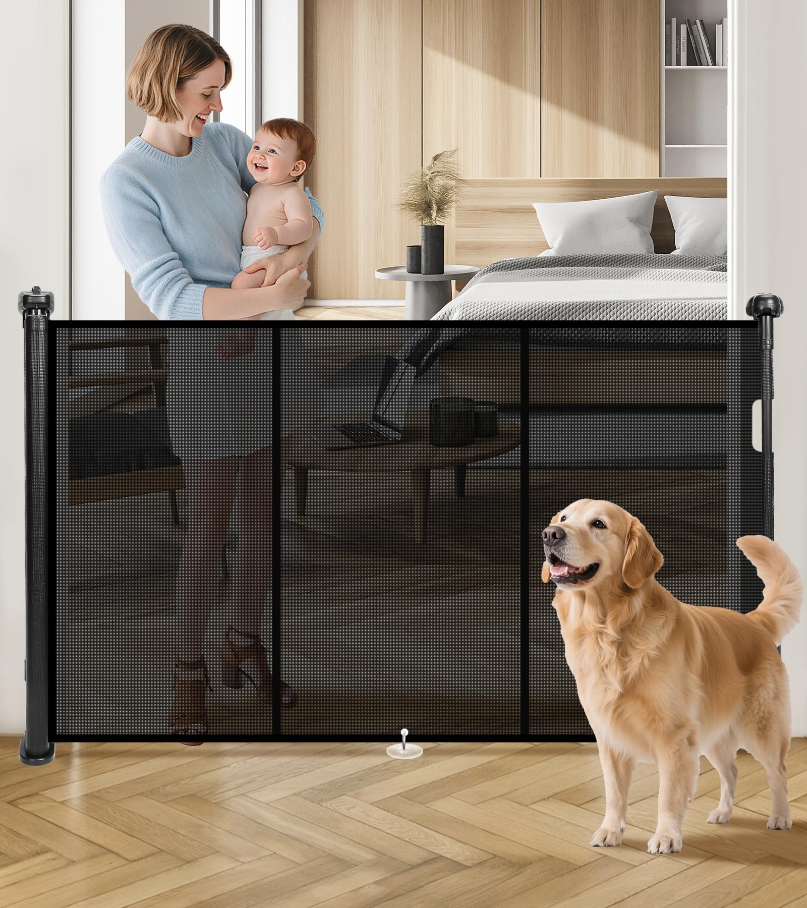 Pravoluxmax retractable gate extended to 78 inches for wide stairs safety.