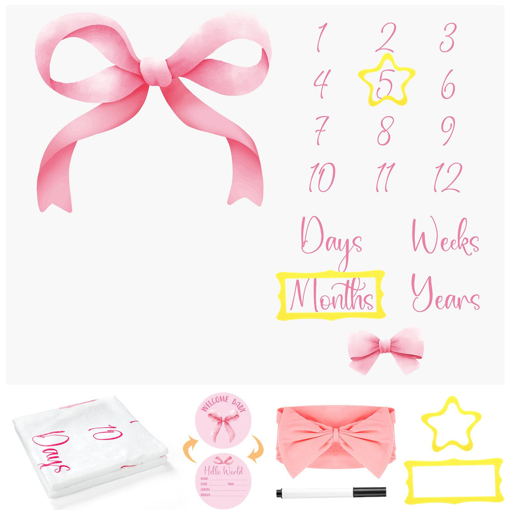 Preboun baby milestone blanket pink Coquette bow backdrop for newborn photos.