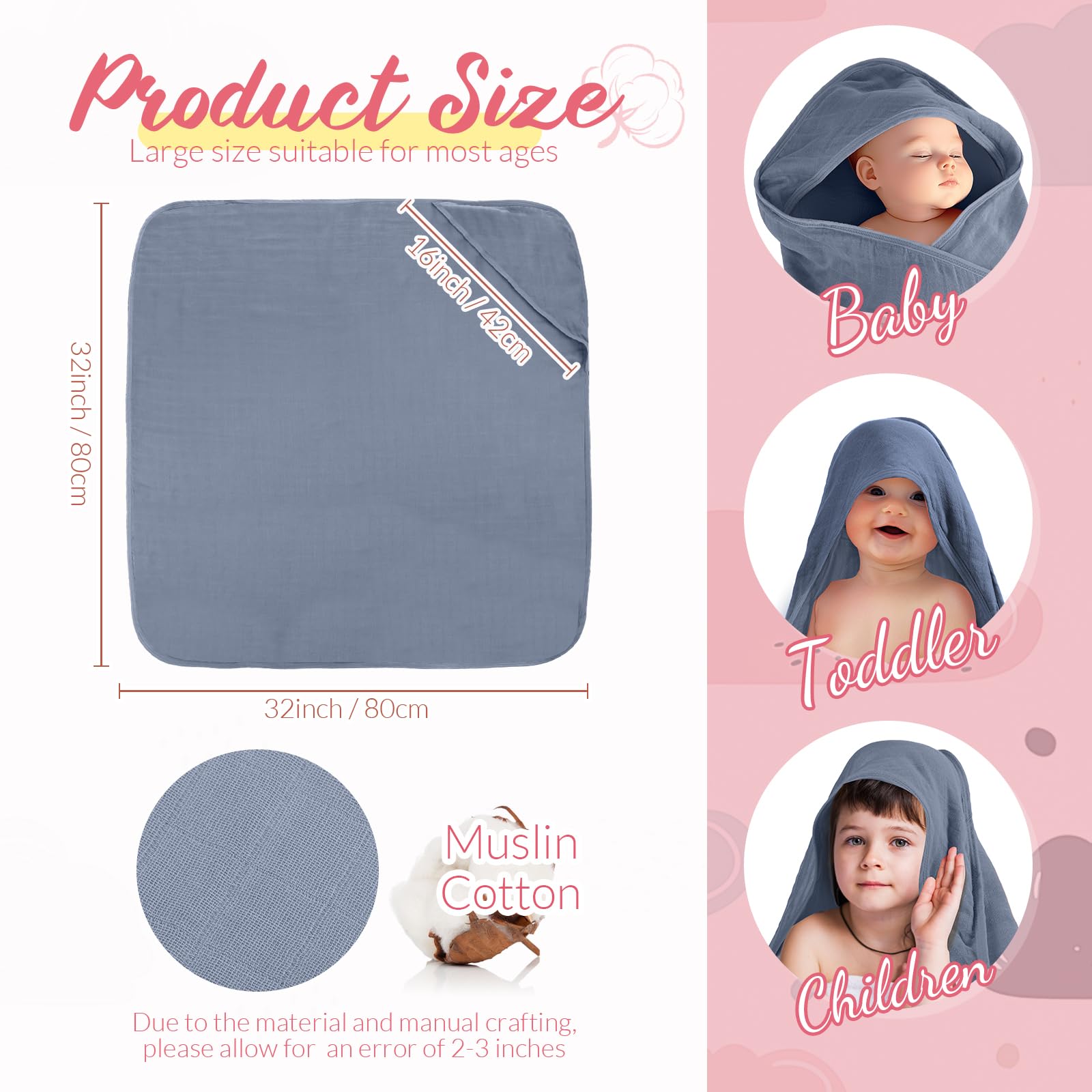 Preboun hooded towel blue 32x32 — cozy warmth after bath for baby skin