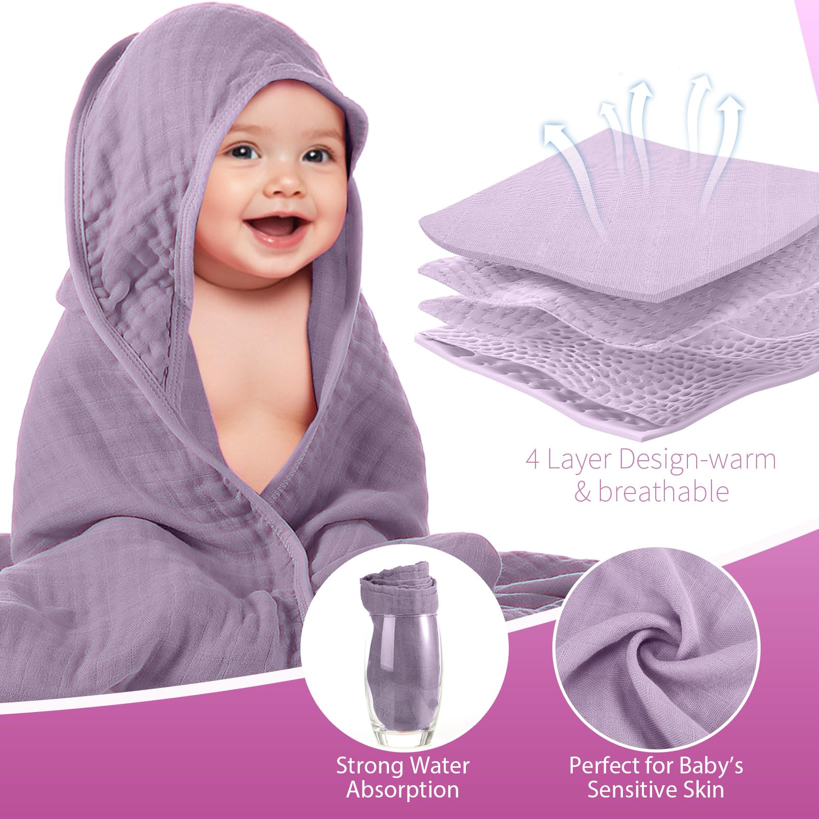Preboun muslin hooded baby towel at beach time for cozy sun-safe cover.