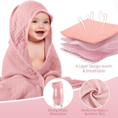 Preboun hooded towel on baby for post bath comfort swaddle
