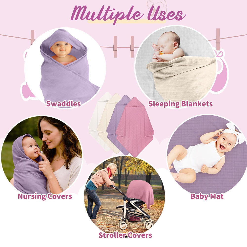 Preboun muslin hooded baby towel wrapped on infant for gentle warmth after bath.