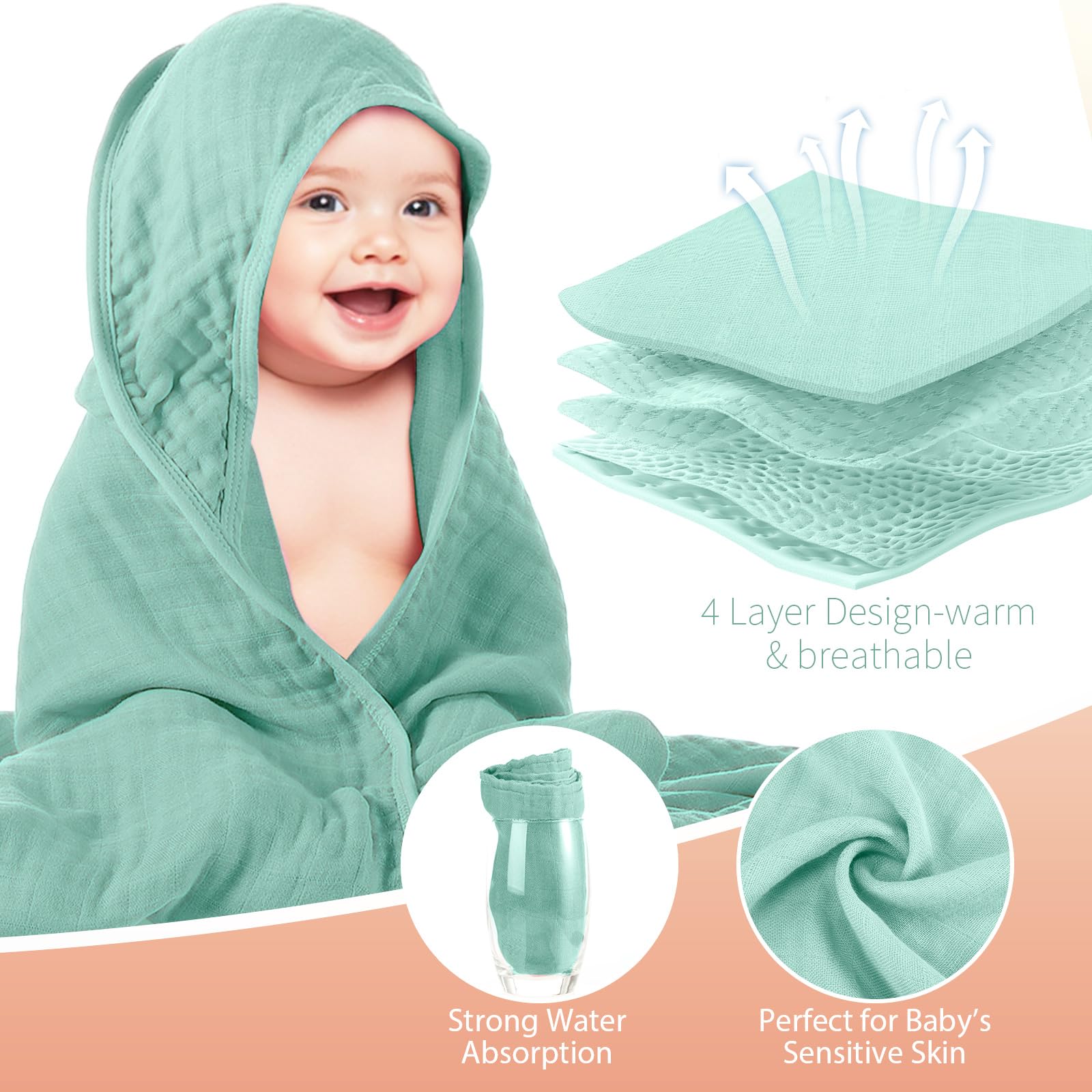 Preboun four-layer muslin hooded towel absorbent for steady moisture pickup
