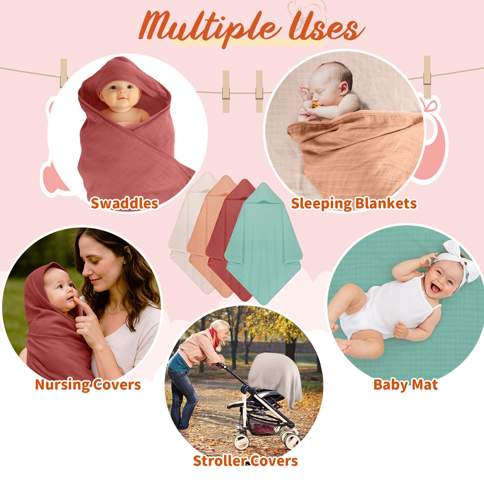 Preboun muslin hooded towel set cream 32x32 for fast drying and snuggles