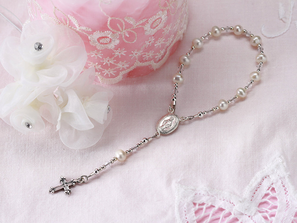 Precious Pieces Sterling Silver White Baby Rosary crystal-detail image highlights premium crystals