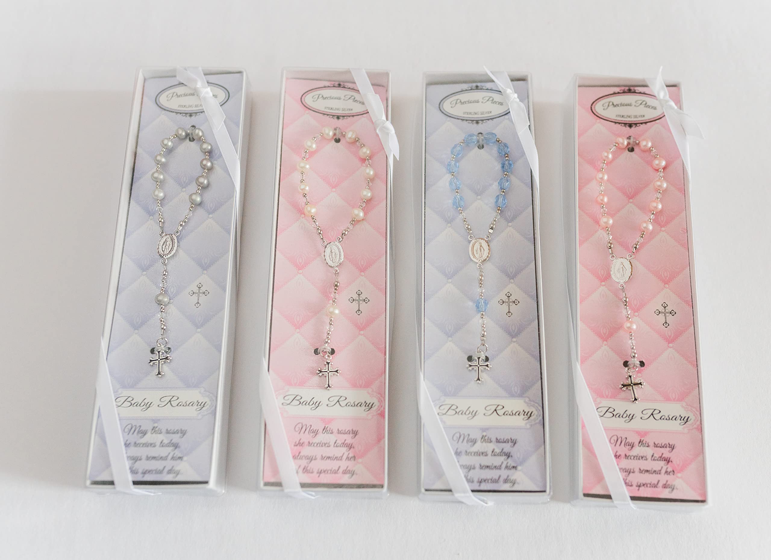 Precious Pieces Sterling Silver White Baby Rosary with poem ribbon offers thoughtful gifting